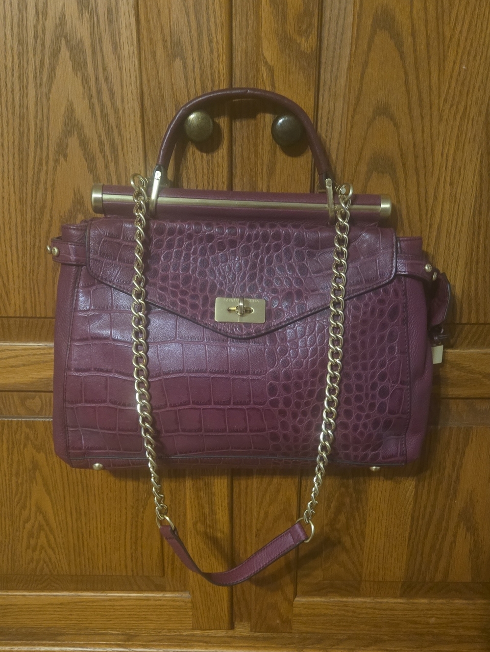 BCBG Leather Structured Satchel Handbag in Plum